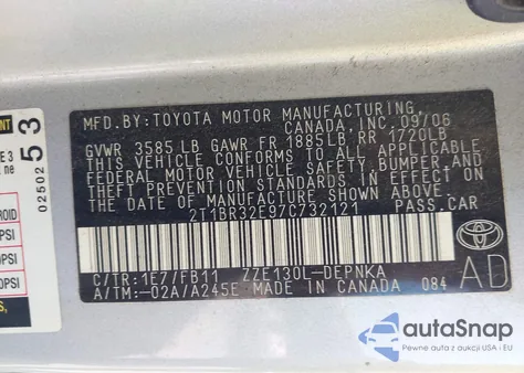 2007 Toyota Corolla Le z USA, uszkodzony, nr VIN 2T1BR32E97C732121